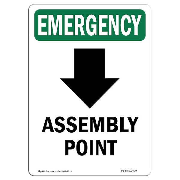 Safety Sign, OSHA EMERGENCY, 5" Height, Assembly Point (Down Arrow), Portrait, 10PK